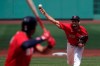Boston Red Sox starting pitcher Nathan Eovaldi delivers during a baseball practice at Fenway Park on Thursday, July 9, 2020, in Boston. (AP Photo/Charles Krupa)
