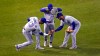 Toronto Blue Jays outfielders Lourdes Gurriel Jr., Jonathan Davis and Randal Grichuk, from left, celebrate after the Blue Jays defeated the Boston Red Sox 6-3 in a baseball game at Fenway Park, Wednesday, April 21, 2021, in Boston. (AP Photo/Charles Krupa)