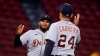 Detroit Tigers third baseman Jeimer Candelario, left, is congratulated by Miguel Cabrera (24) after the Tigers defeated the Boston Red Sox 6-5 in a baseball game at Fenway Park, Wednesday, May 5, 2021, in Boston. Candelario hit a three-run home run in the 10th inning. (AP Photo/Charles Krupa)