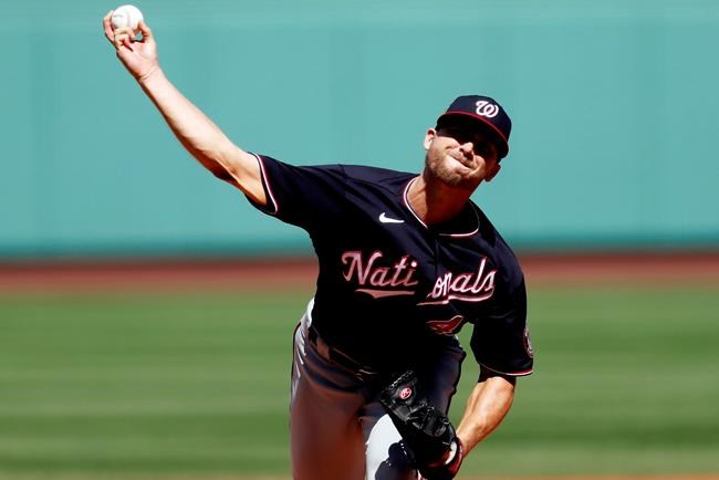 Washington Nationals' Austin Voth pitches during the first inning of a baseball game against the Boston Red Sox, Sunday, Aug. 30, 2020, in Boston. (AP Photo/Michael Dwyer)