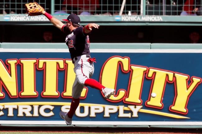 Washington Nationals' Victor Robles can not field the double by Boston Red Sox's Kevin Pillar during the first inning of a baseball game, Sunday, Aug. 30, 2020, in Boston. (AP Photo/Michael Dwyer)