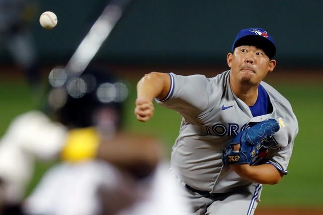 Toronto Blue Jays' Shun Yamaguchi pitches during the fifth inning of the team's baseball game against the Boston Red Sox, Saturday, Sept. 5, 2020, in Boston. (AP Photo/Michael Dwyer)