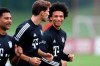Bayern Leroy Sane, right, talks to teammate Leon Goretzka during a training session in Munich, Germany, Friday, Sept. 11, 2020. The German Bundesliga starts next Friday, Sept. 18, 2020. (AP Photo/Matthias Schrader)