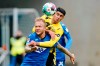 Dortmund's Mahmoud Dahoud, right, and Hoffenheim's Kevin Vogt challenge for the ball during the German soccer Bundsliga match between TSG Hoffenheim and Borussia Dortmund in Sinsheim, Germany, Saturday, Oct. 17, 2020. (Uwe Anspach/dpa via AP)