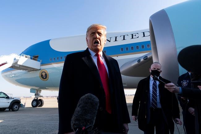 President Donald Trump speaks with reporters as he walks to Air Force One upon departure, Tuesday, Jan. 12, 2021, at Andrews Air Force Base, Md. (AP Photo/Alex Brandon)
