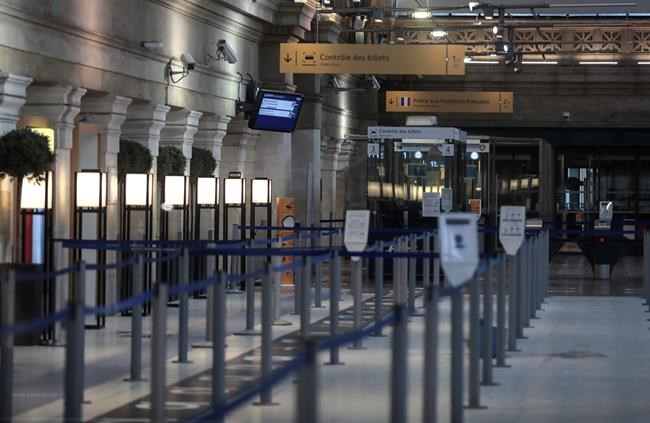 An empty Eurostar Terminal is pictured at Gare du Nord train station in Paris, Monday Dec. 21, 2020. France is banning all travel from the U.K. for 48 hours in an attempt to make sure that a new strain of the coronavirus in Britain doesn't reach its shores. (AP Photo/Lewis Joly)