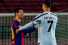 Barcelona's Lionel Messi, left, shakes has with Juventus' Cristiano Ronaldo prior of the start of the Champions League group G soccer match between FC Barcelona and Juventus at the Camp Nou stadium in Barcelona, Spain, Tuesday, Dec. 8, 2020. (AP Photo/Joan Monfort)