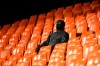 A statue representing a former fan is pictured ahead of the Champions League round of 16 second leg soccer match between Valencia and Atalanta in Valencia, Spain, Tuesday March 10, 2020. The match is being in an empty stadium because of the coronavirus outbreak. (UEFA via AP)