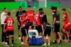 Mallorca's head coach Vicente Moreno, left, talks with his players during the Spanish La Liga soccer match between Real Madrid and Mallorca at Alfredo di Stefano stadium in Madrid, Spain, Wednesday, June 24, 2020. (AP Photo/Bernat Armangue)