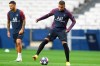 PSG's Kylian Mbappe controls the ball during a training session at the Luz stadium in Lisbon, Tuesday Aug. 11, 2020. PSG will play Atalanta in a Champions League quarterfinals soccer match on Wednesday. (David Ramos/Pool via AP)