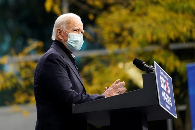 Democratic presidential candidate former Vice President Joe Biden speaks at United Food & Commercial Workers Union Local 951 in Grand Rapids, Mich., Friday, Oct. 2, 2020. (AP Photo/Andrew Harnik)