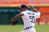 Detroit Tigers starting pitcher Julio Teheran throws during the first inning of a baseball game against the Cleveland Indians, Saturday, April 3, 2021, in Detroit. (AP Photo/Carlos Osorio)