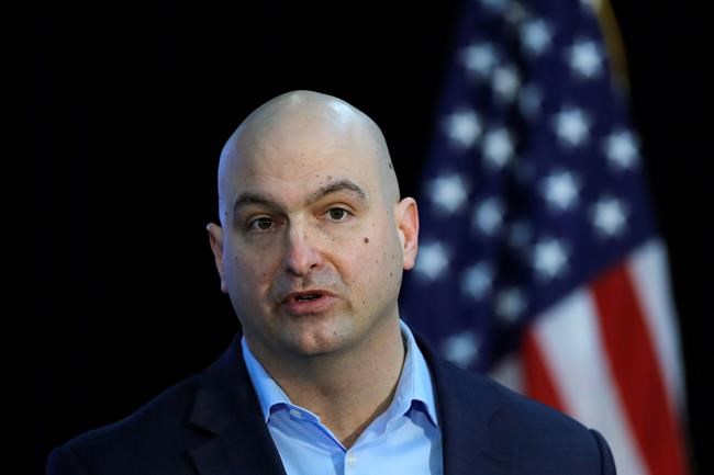 Detroit Schools Superintendent Nikolai Vitti talks Thursday, April 23, 2020, in Detroit about the initiative to give about 51,000 K-12 public school students in Detroit computer tablets and high-speed internet to help transition from classroom to virtual learning during the coronavirus pandemic. As schools closed in March as part of the state's stay home order to slow the spread of the virus many suburban districts quickly moved teaching online. Detroit lagged because nine of 10 students don't have access to tablets, computers or the internet. (AP Photo/Carlos Osorio)