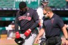 Cleveland Indians' Franmil Reyes walks to the dugout after being hit by a pitch during the ninth inning of a baseball game against the Detroit Tigers, Sunday, Aug. 16, 2020, in Detroit. (AP Photo/Carlos Osorio)