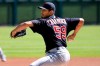 Cleveland Indians starting pitcher Carlos Carrasco throws against the Detroit Tigers in the first inning of a baseball game, Sunday, Sept. 20, 2020, in Detroit. (AP Photo/Jose Juarez)