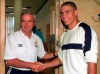FILE - In this July 26, 1997 file photo, Brazilian soccer star Ronaldo, right, is welcomed by Inter Milan coach Luigi Simoni, at the Pinetina sporting center, in Appiano Gentile, near Como, northern Italy. Former Inter Milan coach Simoni died on Friday, May 22, 2020 at the age of 81. (AP Photo/Luca Bruno, file)