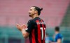 AC Milan's Zlatan Ibrahimovic looks up during the Serie A soccer match between AC Milan and Inter Milan, at the San Siro Stadium in Milan, Italy, Sunday, Feb. 21, 2021. (Spada/LaPresse via AP)