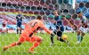 Aston Villa's Ollie Watkins, right, scores his side's opening goal during the English Premier League soccer match between Aston Villa and Arsenal at Villa Park in Birmingham, England, Saturday, Feb. 6, 2021. (Nick Potts, Pool via AP)