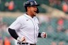 Detroit Tigers' Miguel Cabrera reacts hitting a one-run single against the Minnesota Twins in the seventh inning of a baseball game in Detroit, Saturday, May 8, 2021. (AP Photo/Paul Sancya)