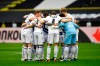 Arminia Bielefeld players gather prior to the start of the German Bundesliga soccer match between Borussia Dortmund and Arminia Bielefeld in Dortmund, Germany, Saturday, Feb. 27, 2021. (AP Photo/Martin Meissner, Pool)