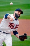 Minnesota Twins pitcher Matt Shoemaker throws to the Seattle Mariners in the first inning of a baseball game Sunday, April 11, 2021, in Minneapolis. (AP Photo/Bruce Kluckhohn)