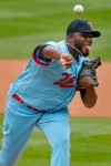 Minnesota Twins' Michael Pineda throws to the Pittsburgh Pirates in the first inning of a baseball game Saturday, April 24, 2021, in Minneapolis. (AP Photo/Bruce Kluckhohn)