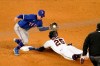 Minnesota Twins' Byron Buxton, right, beats the throw to Texas Rangers second baseman Nick Solak, left, as he steals second base in the sixth inning of a baseball game, Monday, May 3, 2021, in Minneapolis. (AP Photo/Jim Mone)