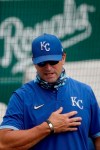 Kansas City Royals manager MIke Matheny talks to players during baseball practice at Kauffman Stadium, Thursday, July 16, 2020, in Kansas City, Mo. (AP Photo/Charlie Riedel)