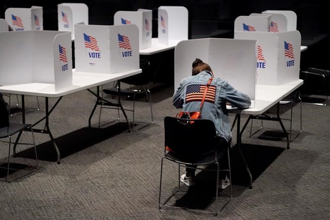 Laura Wooding votes at the National World War I museum on Election Day Tuesday, Nov. 3, 2020, in Kansas City, Mo. (AP Photo/Charlie Riedel)