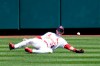 St. Louis Cardinals center fielder Lane Thomas is unable to catch a double by Milwaukee Brewers' Manny Pina during the first inning of a baseball game Sunday, April 11, 2021, in St. Louis. (AP Photo/Jeff Roberson)