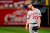 Washington Nationals starting pitcher Stephen Strasburg stands on the mound after giving up a two-run home run to St. Louis Cardinals' Matt Carpenter during the third inning of a baseball game Tuesday, April 13, 2021, in St. Louis. (AP Photo/Jeff Roberson)