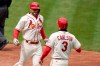 St. Louis Cardinals' Paul Goldschmidt, left, is congratulated by teammate Dylan Carlson (3) after hitting a two-run home run during the fifth inning of a baseball game against the Colorado Rockies Saturday, May 8, 2021, in St. Louis. (AP Photo/Jeff Roberson)