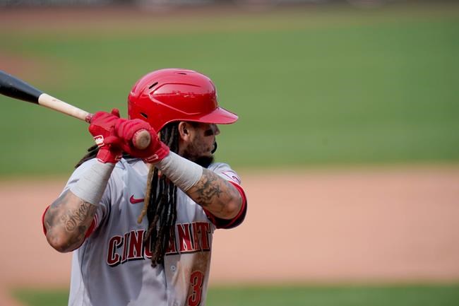 Cincinnati Reds' Freddy Galvis bats during the sixth inning of a baseball game against the St. Louis Cardinals Sunday, Sept. 13, 2020, in St. Louis. (AP Photo/Jeff Roberson)