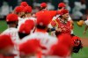 St. Louis Cardinals catcher Yadier Molina, right, celebrates a 5-4 victory over the Pittsburgh Pirates in a baseball game Friday, July 24, 2020, in St. Louis. (AP Photo/Jeff Roberson)