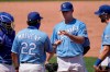 Kansas City Royals manager Mike Matheny (22) takes the ball from starting pitcher Kris Bubic (50) during the fourth inning of a baseball game against the Minnesota Twins at Kauffman Stadium in Kansas City, Mo., Sunday, Aug. 23, 2020. (AP Photo/Orlin Wagner)