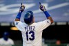 Kansas City Royals' Salvador Perez celebrates his solo home run during the fourth inning of a baseball game against the Minnesota Twins at Kauffman Stadium in Kansas City, Mo., Saturday, Aug. 8, 2020. (AP Photo/Orlin Wagner)