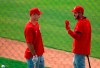 St. Louis Cardinals first baseman Paul Goldschmidt, left, and third baseman Nolan Arenado joke around between batting sessions during a spring training baseball practice in Jupiter, Fla., Monday, Feb. 22, 2021. (Colter Peterson/St. Louis Post-Dispatch via AP)