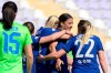 Samantha Kerr of Chelsea, second right, celebrates with her teammates after scoring a goal during the UEFA Women's Champions League quarter-final soccer match Vfl Wolfsburg vs Chelsea in the Ferenc Szusza Stadium in Budapest, Hungary, Wednesday, March 31, 2021. (Szilard Koszticsak/MTI via AP)