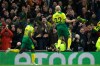 Norwich City's Teemu Pukki, right, celebrates his goal against Tottenham during the English Premier League soccer match between Tottenham Hotspur and Norwich City at the Tottenham Hotspur Stadium in London, England, Wednesday, Jan. 22, 2020. (AP Photo/Matt Dunham)