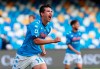 Napoli's Hirving Lozano celebrates after scoring his side's first goal during the Serie A soccer match between Napoli and Atalanta at the San Polo Stadium in Naples, Italy, Saturday, Oct. 17, 2020. (Alessandro Garofalo/LaPresse via AP)