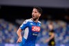 Napoli's Dries Mertens celebrates scoring his side's opening goal during the Italian Cup second leg semifinal soccer match between Napoli and Inter Milan, at the Naples San Paolo Stadium, Italy, Saturday, June 13, 2020. The match is being played without spectators because of the COVID-19 restriction measures. (Cafaro/LaPresse via AP)