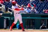 Washington Nationals' Josh Bell hits a three-run double during the fourth inning of a baseball game against the Miami Marlins at Nationals Park, Saturday, May 1, 2021, in Washington. (AP Photo/Alex Brandon)