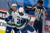 Vancouver Canucks’ Nils Hoglander celebrates his goal with teammate Brock Boeser during the third period against the Winnipeg Jets, in Winnipeg, Monday. THE CANADIAN PRESS/Fred Greenslade