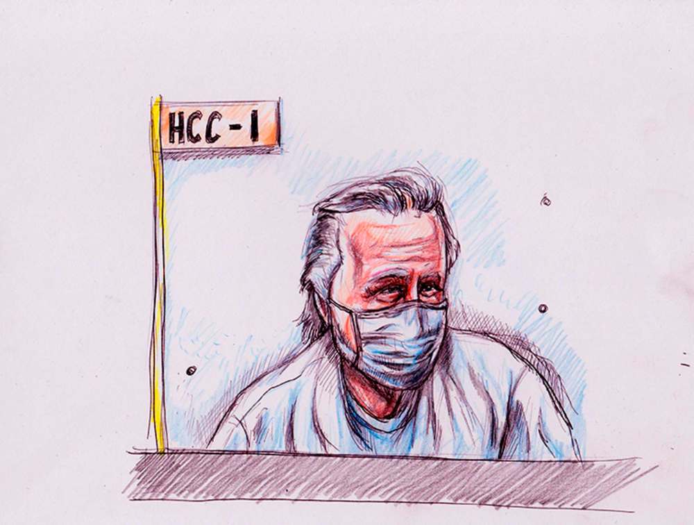 An artist rendering of Peter Nygard at his Jan. 18 bail hearing. (La LibertŽ Manitoba / Tadens Mpwene)