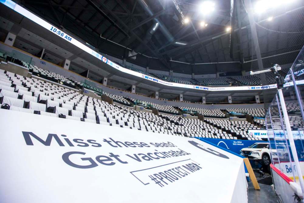 MIKAELA MACKENZIE / WINNIPEG FREE PRESS
Whiteout-themed seat covers at BellMTS Place.