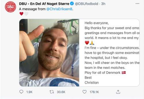 Christian Eriksen gave a thumbs-up from the hospital, thanking supporters.