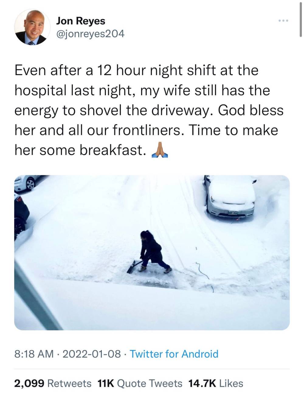 A screen capture of MLA Jon Reyes’ tweet about his wife shovelling snow. (Twitter)