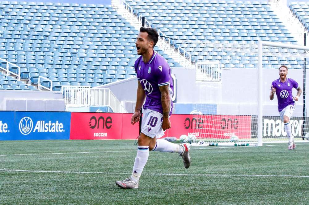 Canadian Premier League / Robert Reyes / William Ludwick
Winnipeg product Marco Bustos of Pacific FC celebrates Saturday after scoring a goal against HFX Wanderers in the CPL bubble at IG Field.