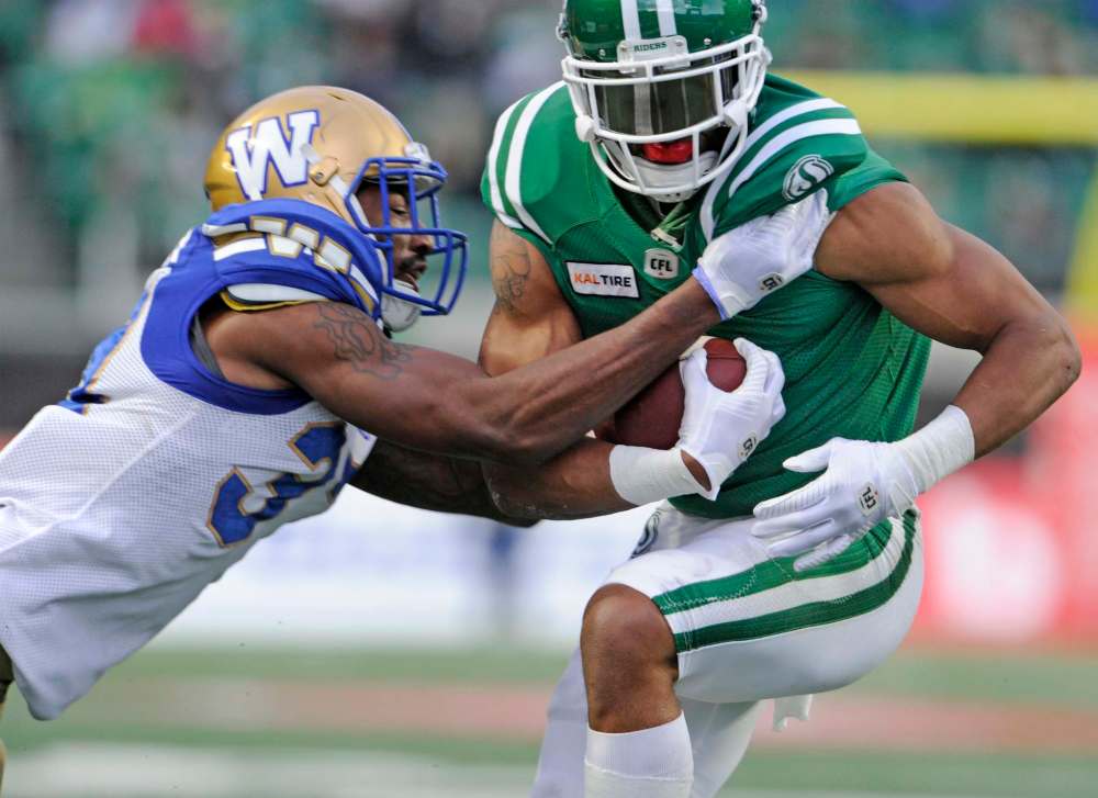 Roughriders wide receiver Shaq Evans, right, jumped off the page in 2019 and is poised for another stellar season.
