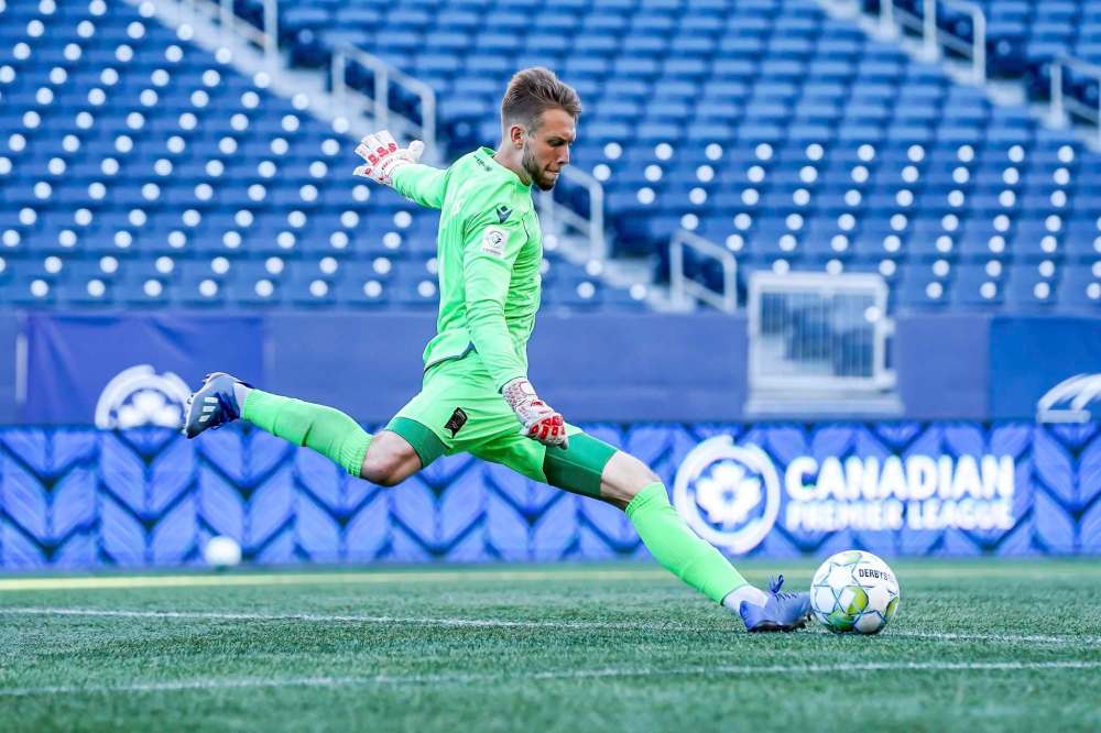 Valour FC goalkeeper Jonathan Sirois sends the ball downfield Wednesday against HFX Wanderers. (CPL photo)